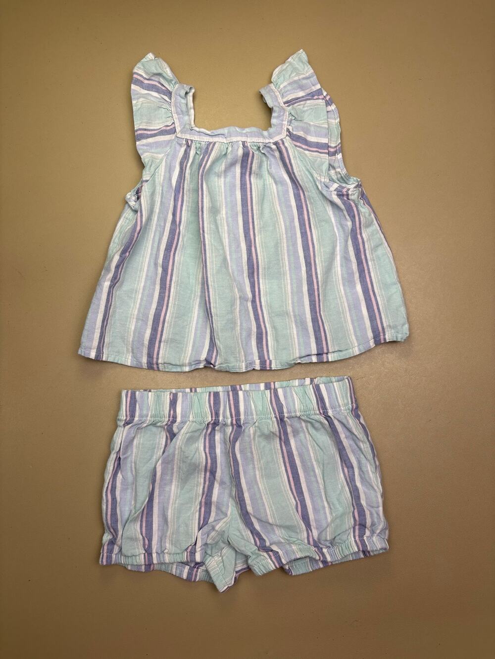 Baby B’gosh Girls 2 Pc Stripe Top Shorts Set 24M Blue Pink Summer Outfit EUC